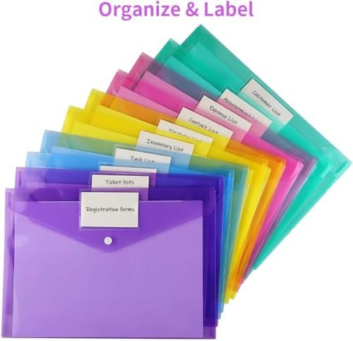 Sooez 48 Pack Folders Plastic Envelopes, Clear Plastic File Folder for Document, Letter A4 Size Poly File Envelopes with Label Pocket, Snap Button for Home Work Office Organizer, 8 Assorted Colors - Image 3