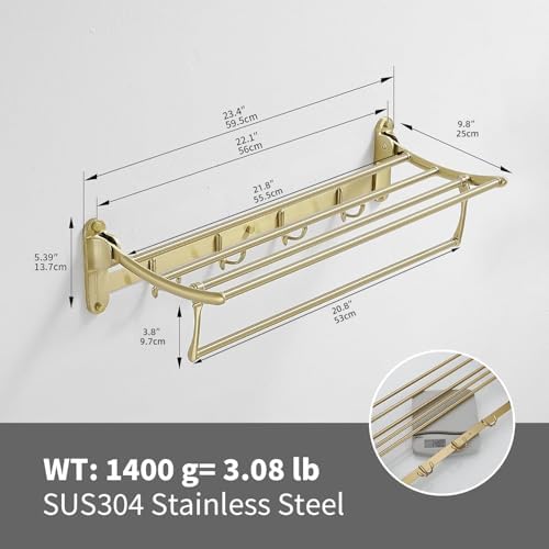 BESy Towel Racks with Foldable Towel Bar Hooks, Wall Mounted Brushed Gold - Image 6