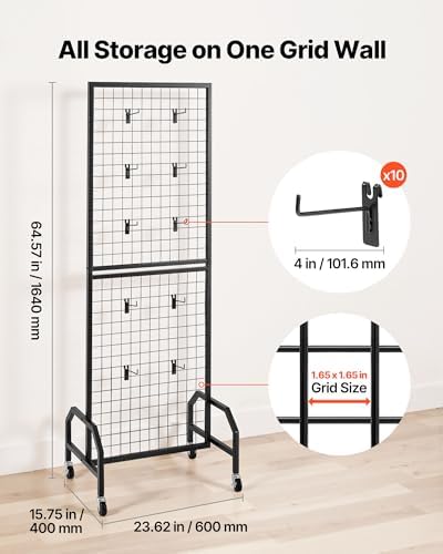 VEVOR Grid Wall Panel, 1.9 x 5.4 ft Wire Grid Panels Display Rack, Movable Art Display Shelf with Wheels and 10 Hooks, Black Carbon Steel Gridwall for Craft Show, Decoration, Storage, Notice Board - Image 2