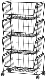 PUSDON 4-Tier Spacious Stackable Wire Storage Baskets with Wheels, Metal Rolling Utility Cart, Produce Basket for Pantry, Bathroom Organizer Shelf, Matte Black by PUSDON