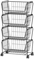 PUSDON 4-Tier Spacious Stackable Wire Storage Baskets with Wheels, Metal Rolling Utility Cart, Produce Basket for Pantry, Bathroom Organizer Shelf, Matte Black by PUSDON
