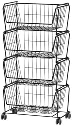 PUSDON 4-Tier Spacious Stackable Wire Storage Baskets with Wheels, Metal Rolling Utility Cart, Produce Basket for Pantry, Bathroom Organizer Shelf, Matte Black by PUSDON