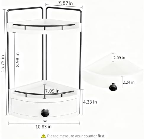 2-Tier Corner Bathroom Counter Organizer with Drawer, White - Image 2