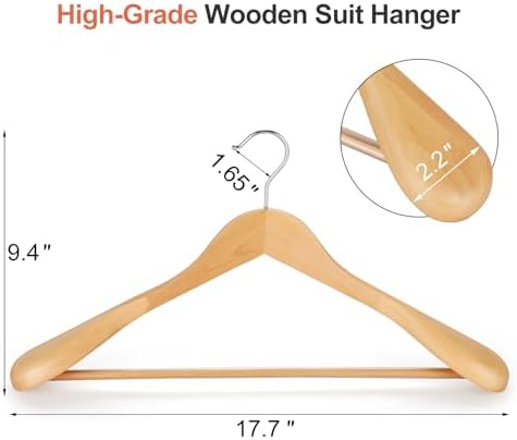 TOPIA HANGER Wide Shoulder Wooden Hangers, Suit Hangers with Non Slip Pants Bar & 360° Swivel Hook, Solid Wood Heavy Duty Coat Hanger, 6 Pack (Natural)-CT02NA - Image 2