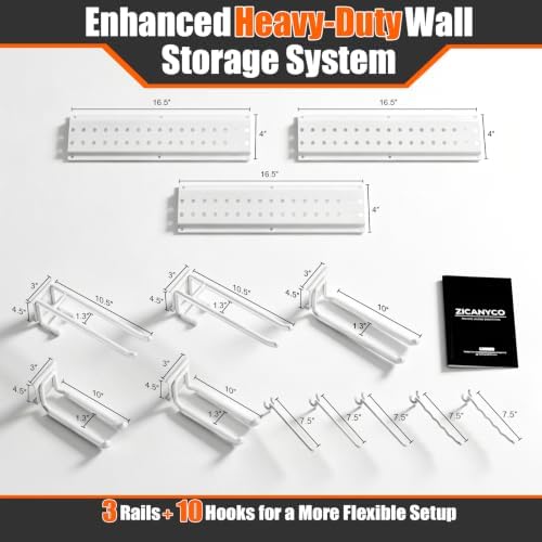 Garage Tool Organizer Wall Mount 49.5 inches with 10 Adjustable Heavy-Duty Hooks, Garage Organization, Garden Tool Storage Rack for Garage, Yard, Shed, Holds Up to 400 lbs, White - Image 3
