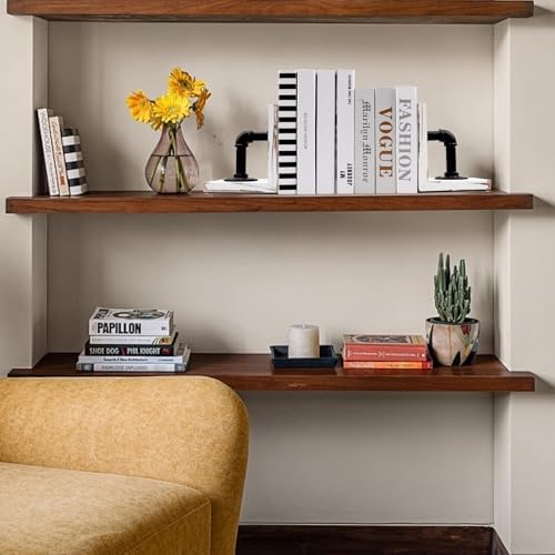 Book Ends,Wood Bookends for Shelves,Industrial Pipe Design Book Ends for Heavy Books,Rustic Style Bookend for Home Office Bookcase Bookshelf Desk Decor, Whitewash - Image 3