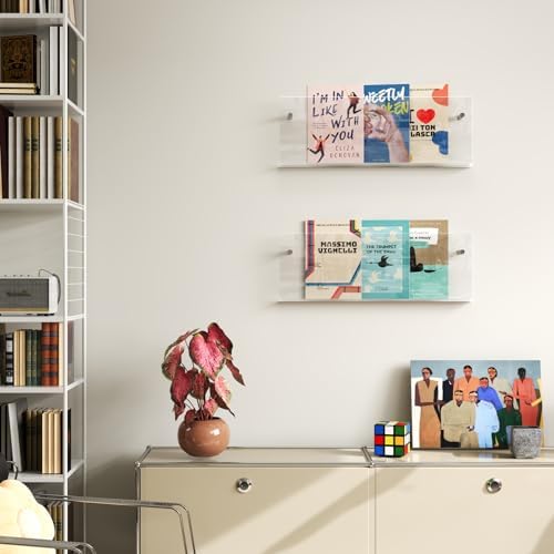 Acrylic Magazine Holder, 2 Pack Hanging Bookshelf Magazine Rack, Wall Mounted Floating Brochure Display for Waiting Room, Office, Home (Clear, 17 Inch) - Image 4