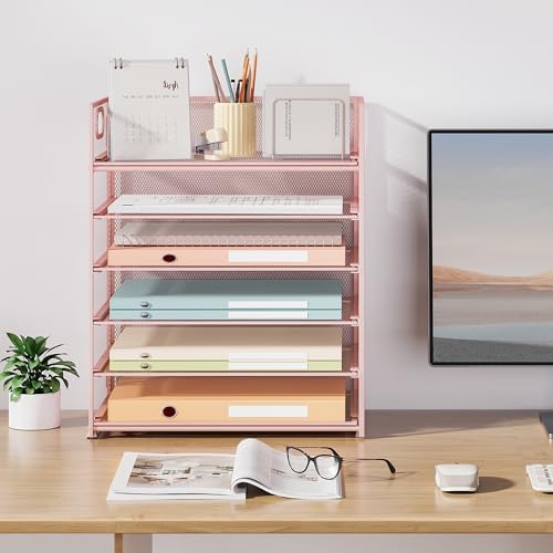 Subekyu 6-Tier Desk Paper Organizer, Desktop File Letter Tray with Handle, Document Sorter and Accessories Holder for Office, Home and School Workspace Organizers, Pink-2 Pack - Image 7