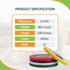 PSBM White Poly Bag Sealing Tape, 12 Rolls, 2.3 Mil Thick, 3/8 Inch Wide, 180 Yards Per Roll, Total 2160 Yards, Colored Sealer Tapes for Wrapping, Packaging & Sealing Food Products - Image 3