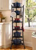 KES 264 Lbs Capacity Freestanding Pot Rack, 6-Tier Cast Iron Cookware Stand with 6 Hooks, Pots and Pans Storage Tower for Kitchen Corner, Stable Base, Anti-tip Strap & Floor Protectors, Black by KES