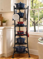 KES 264 Lbs Capacity Freestanding Pot Rack, 6-Tier Cast Iron Cookware Stand with 6 Hooks, Pots and Pans Storage Tower for Kitchen Corner, Stable Base, Anti-tip Strap & Floor Protectors, Black by KES