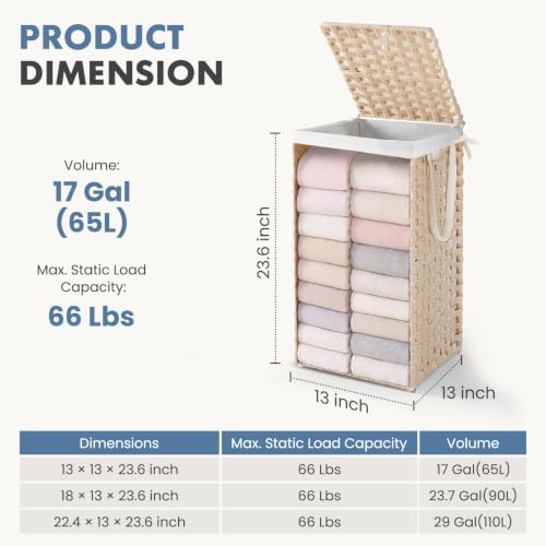 DUMOS Laundry Basket with Lid, 65L Wicker Laundry Hampers, Summer Sand - Image 5