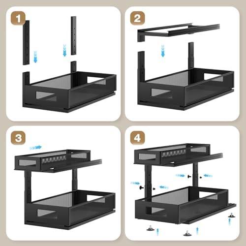 2 Pack 18.5IN-Depth Under Sink Organizer With Next-Gen Ball-Bearing Slides,2-Tier Pull Out Cabinet Storage,Height Adjustable Drawer Shelf for Bathroom,Kitchen,Laundry,Cabinet,Pantry-Black - Image 5