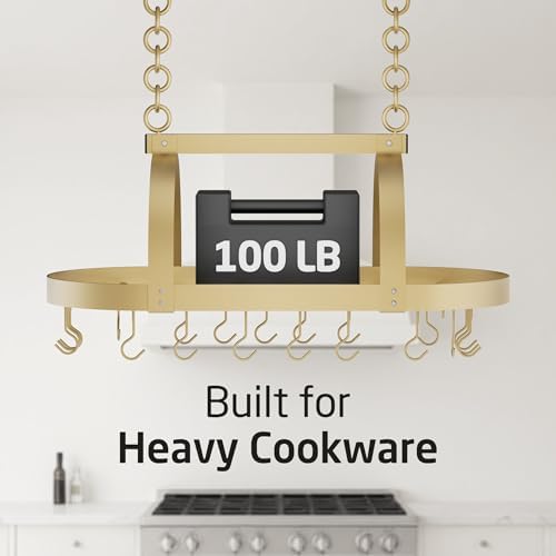 KES Gold 34 Inch Hanging Pot Rack, 100 LBS Capacity Heavy Duty Oval Pot and Pan Hanging Rack Ceiling Mount, Pot Pan Hangers Organizer for Kitchen Island with 20 Hooks (For 16" and 24" Joist) - Image 5