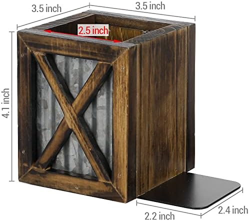 MyGift Rustic Bookends with Pen Holder, Wood & Metal Desk Organizer - Image 4