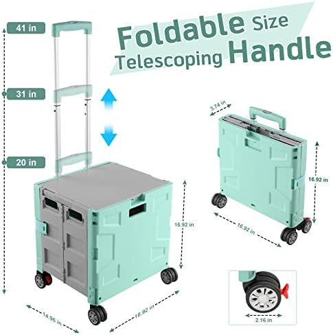 FELICON Folding Utility Cart Rolling Crate Handcart Basket Tote-Green+Gray - Image 3
