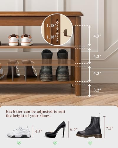 IUNVR Shoe Rack Bench Seat Rubberwood 3-Tier Wooden Storage Bench 550lbs Compact Mid-Century Modern Design for Entryway, Hallway, Closet, Front Door Entrance, Foyer - Image 3