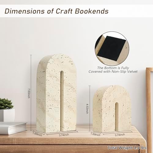 BOHDK Book Ends for Shelves, Resin Heavy Duty Decorative Bookends, Retro Arch Book Holder for Heavy Books, Imitation Travertine Book Stopper for Home Decor, Study, Bookshelf, Desktop, Set of Two - Image 2