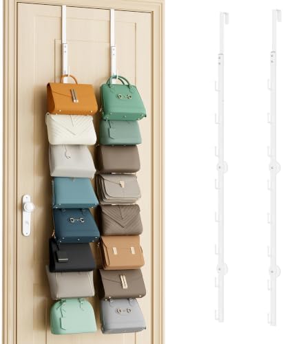 SWTYMIKI Over the Door Purse Organizer - 2 Packs Wall Mounted Purse Rack with 8 Hooks Design, Hanging Handbag Organizer Storage Holds up to 16 Bags, Bag Rack for Closet, Door (White) by SwtyMiki-TidyHomeSweetLife