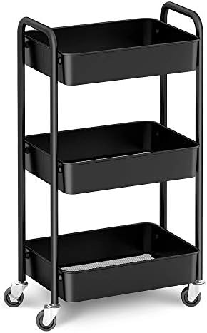 CAXXA 3-Tier Rolling Metal Storage Organizer - Mobile Utility Cart, Kitchen Cart with Caster Wheels (Black) by CAXXADIRECT