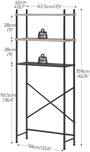 HOOBRO Over the Toilet Storage, 3-Tier Over Toilet Bathroom Organizer, Freestanding Above Toilet Shelf with Adjustable Feet, Space Saving, Easy Assembly, Greige and Black BG63TS01 - Image 3
