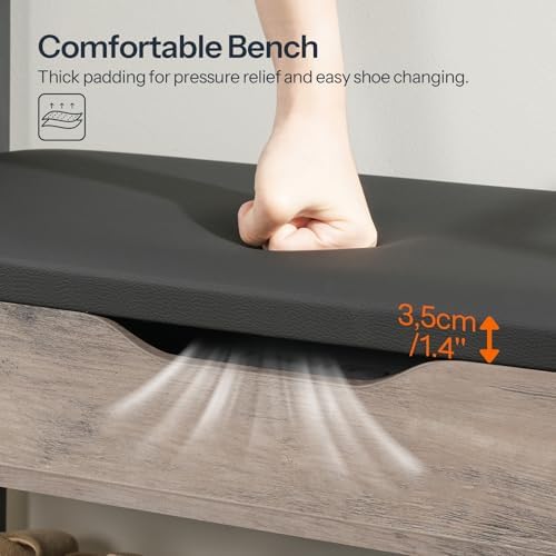 HOOBRO Hall Tree with Bench, Shoe and Coat Rack for Entryway, Coat Rack with Bench, Flip Top Storage Box, PU Cushioned Seat, Non-Woven Fabric Drawer, for Entrance, Greige and Black BG110MT01 - Image 4