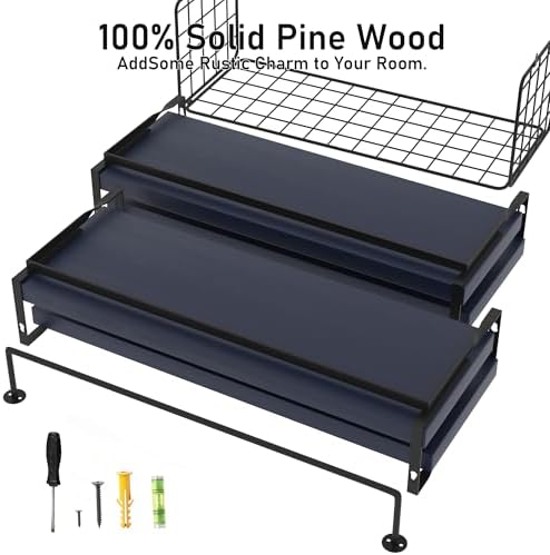 Wood Floating Shelves Wall Mounted - 4+1 Tier Rustic Bathroom Wall Shelves Over Toilet with Wire Storage Basket and Towel Bar, set of 4 Farmhouse Floating Shelf for Bathroom, Kitchen,Navy Blue. - Image 7