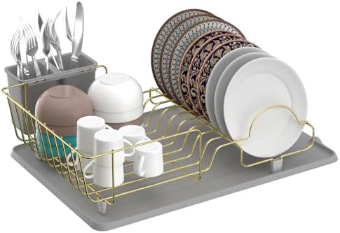 Buruis Dish Drying Rack for Kitchen Countertop, Large Capacity Gold Stainless Steel Dish Drainer with Anti-Slip Rubber Feet, Removable Drain Board and Utensil Holder (Gray Tray) by KeepYourBathroomKitchenandHomeOrganized