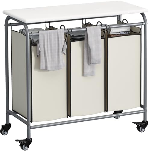 3 Bags Laundry Basket Sorter, Beige 135L Laundry Hamper, Ironing Board by LINZINAR