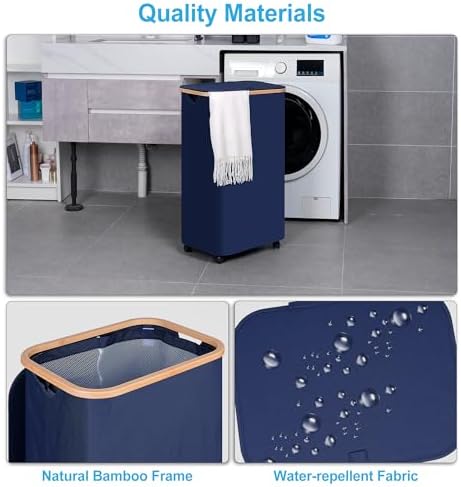 efluky Laundry Basket with Wheels, Tall Rolling Laundry Hamper with Lid and Removable Bag, Aesthetic Dirty Clothes Hamper on Wheels for Laundry Room, Bedroom, Dorm and Bathroom, 100L Blue - Image 5