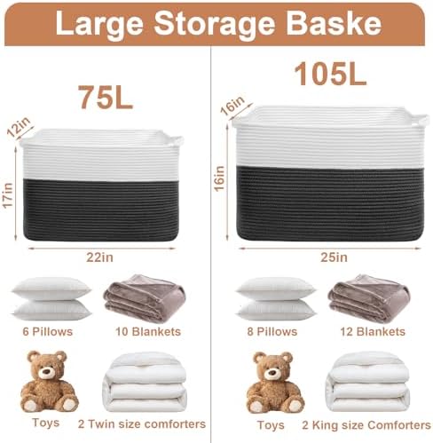 75L Large Blanket Storage Basket with Handles - White & Black - Image 2