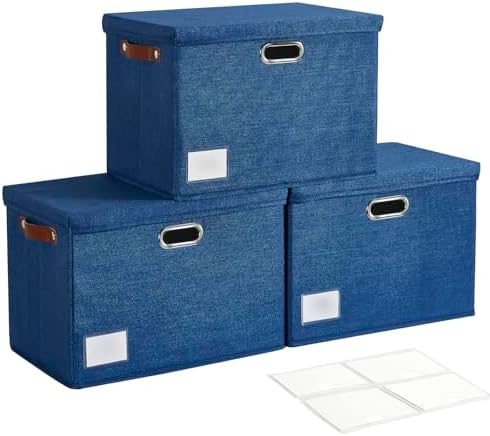 15" Fabric Storage Box with Lids, 3-Pack, Navy by Roobyl