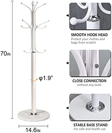 Kertnic Freestanding Coat Rack Stand, Heavy Duty Metal Hall Tree with 12 Hooks, 70 Inch Tall Stable Coat Hanger with 14.6" Natural Marble Base, Entryway Organizer for Coats Bags Hats Purses (White) - Image 5