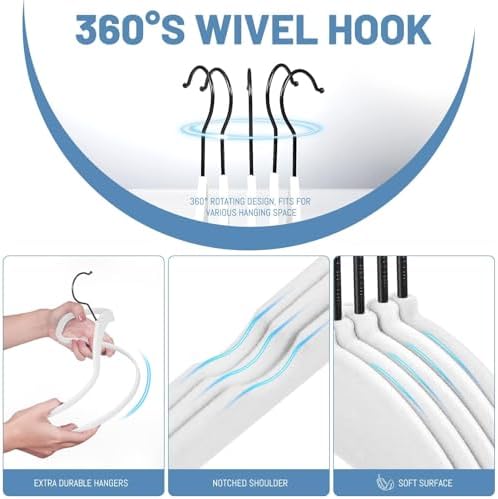 HOUSE DAY White Velvet Hangers 60 Pack, Non Slip Felt Hanger +Black Hook - Image 5