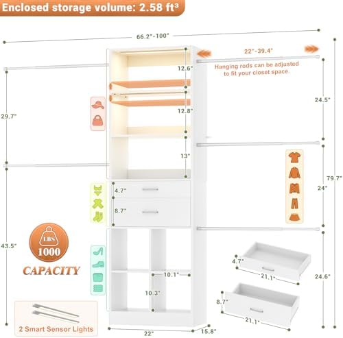 Besiost Closet System, Closet Organizer System with Smart Sensor Lights, Enclosed storage volume: 2.58 ft³, White - Image 3