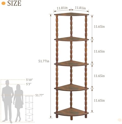 MaxSmeo Corner Shelf, 5-Tier Corner Bookshelf for Small Spaces, Stylish Corner Storage Display Shelves for Bedroom, Bathroom, Kitchen, Living Room (Rustic Brown) - Image 3