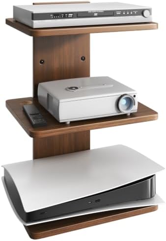 Floating TV Projector Shelf Wall Mount - 3 Tier Wooden Shelf, Walnut Brown by STANDOPIA