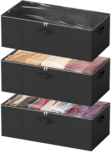 SpaceAid 3 Pack 10" High Under Bed Storage Containers, Large Underbed Storage Organizer Bins with Lids for Bedroom, Dorm, Clothes, Closet Organization, Bed Sheets and Blankets (Black) by SpaceAid