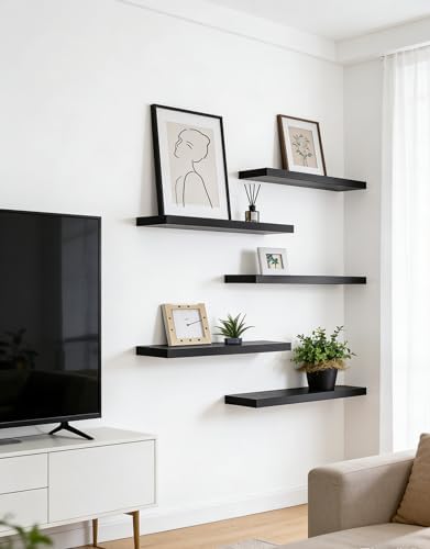 24 Inch Rustic Wood Floating Shelves Farmhouse Wooden Wall Shelves for Bathroom Bedroom Living Room Kitchen Office Set of 4 Black - Image 4
