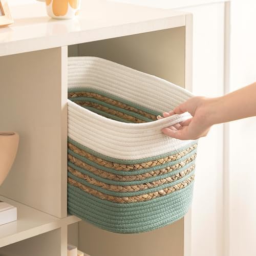 UBBCARE 2 Pack Baskets for Organizing, Woven Storage Baskets for Toys and Towel, Rectangle Cotton Rope Basket with Handles, 14''L x 8''W x9''H, Green - Image 7