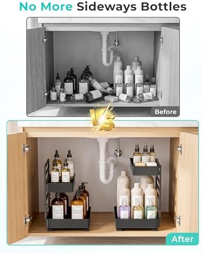 EVERIE Metal Pull Out Slide Shelf Organizer for Under Sink Organization in Kitchen, Bathroom, Counter, Cabinets, Minimum Available Space 13" Wide x 16.5" Deep (Black, 1 Set) - Image 2