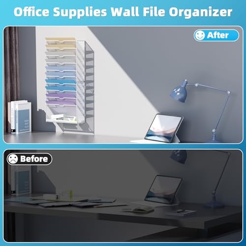 Marbrasse Wall File Holder 11-Tier Hanging Wall File Organizer, for Papers, Files Clipboard & Magazine Organizer, Wall Mount File Holder Great for Office Home (White) - Image 6