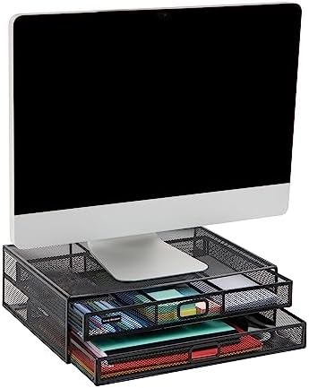Mind Reader Monitor Stand, Ventilated Laptop Riser, Storage Drawer, Office, Metal Mesh, Black by MindReader