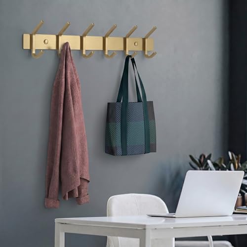 Brushed Gold Wall Mounted Coat Rack – 17 Inch Stainless Steel Rail with 6 Double Coat Hooks for Entryway, Bathroom, Bedroom, Kitchen – Modern Gold Hook Rack for Coats, Hats, Towels - 2 Pack - Image 5