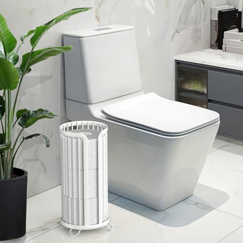 Bunoxea Toilet Paper Holder Stand, Freestanding Toilet Tissue Organizer, Minimalistic Storage Solution, Reserve Mega Rolls,Modern -2PACK White - Image 2