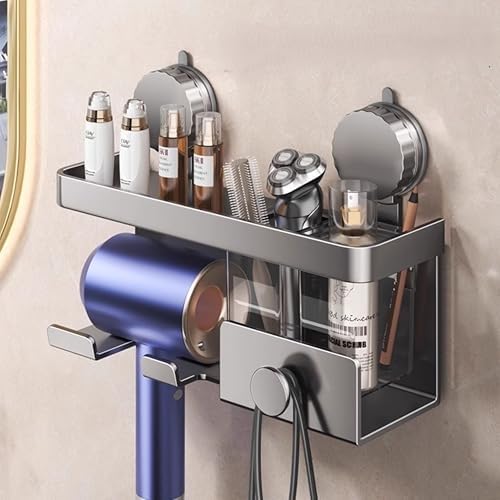 Suction Cup Aluminum Hair Dryer Holder. Storage Organizer Rack with Shelf for Accessories & Tools for Bathroom. Reusable, Rustproof, No Drill, No Tools. Multifunctional (2 Cups, Gray) by UKKAHOME