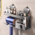 Suction Cup Aluminum Hair Dryer Holder. Storage Organizer Rack with Shelf for Accessories & Tools for Bathroom. Reusable, Rustproof, No Drill, No Tools. Multifunctional (2 Cups, Gray) by UKKAHOME