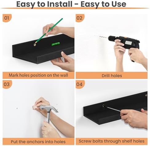 upsimples Floating Shelves for Wall Decor and Storage, Black, 6Pcs 47.3'' - Image 3