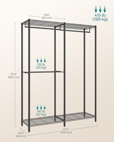 SONGMICS Clothes Rack, Freestanding Wardrobe Closet, Metal Clothing Racks, Heavy-Duty Garment Rack with Adjustable Shelves, Hanging Rods, Dividable, 15.8 x 47.2 x 70.9 Inches, Ink Black ULGR423B01 - Image 6