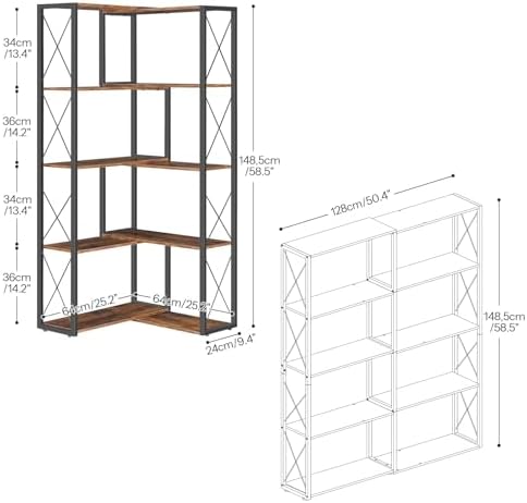 HOOBRO Corner Bookshelf, 5-Tier Industrial Corner Bookcase, Open Display Storage Rack, Vertical or L-Shaped, for Office, Living Room, Bedroom, Rustic Brown and Black BF66SJ01 - Image 3